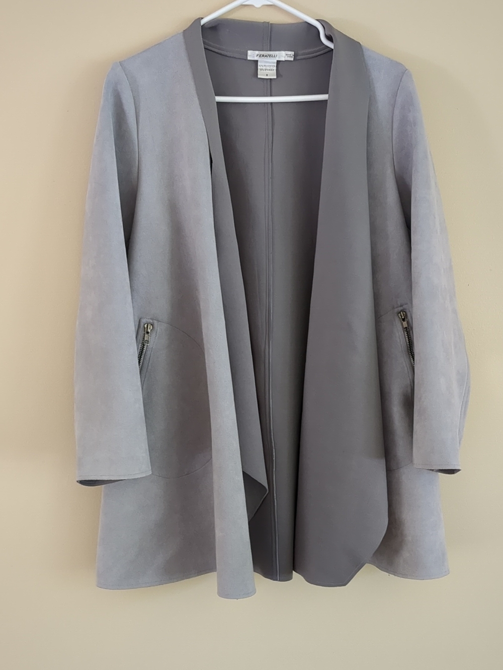 Small Feratelli Gray Open Front Long Line Jacket Faux Suede